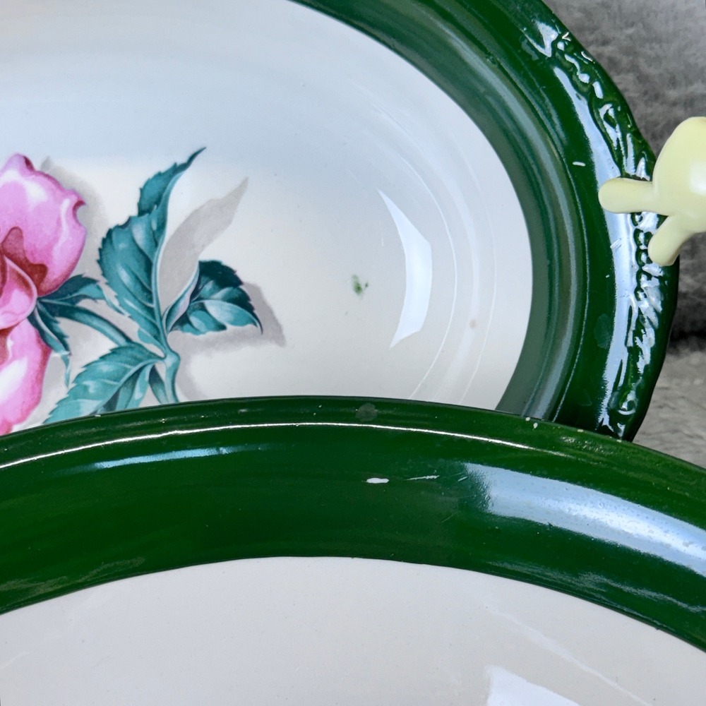 Vintage Nautilus Rose Oval Bowls Grannycore Set of 2 Green Rim Floral Made USA - Picture 10 of 12